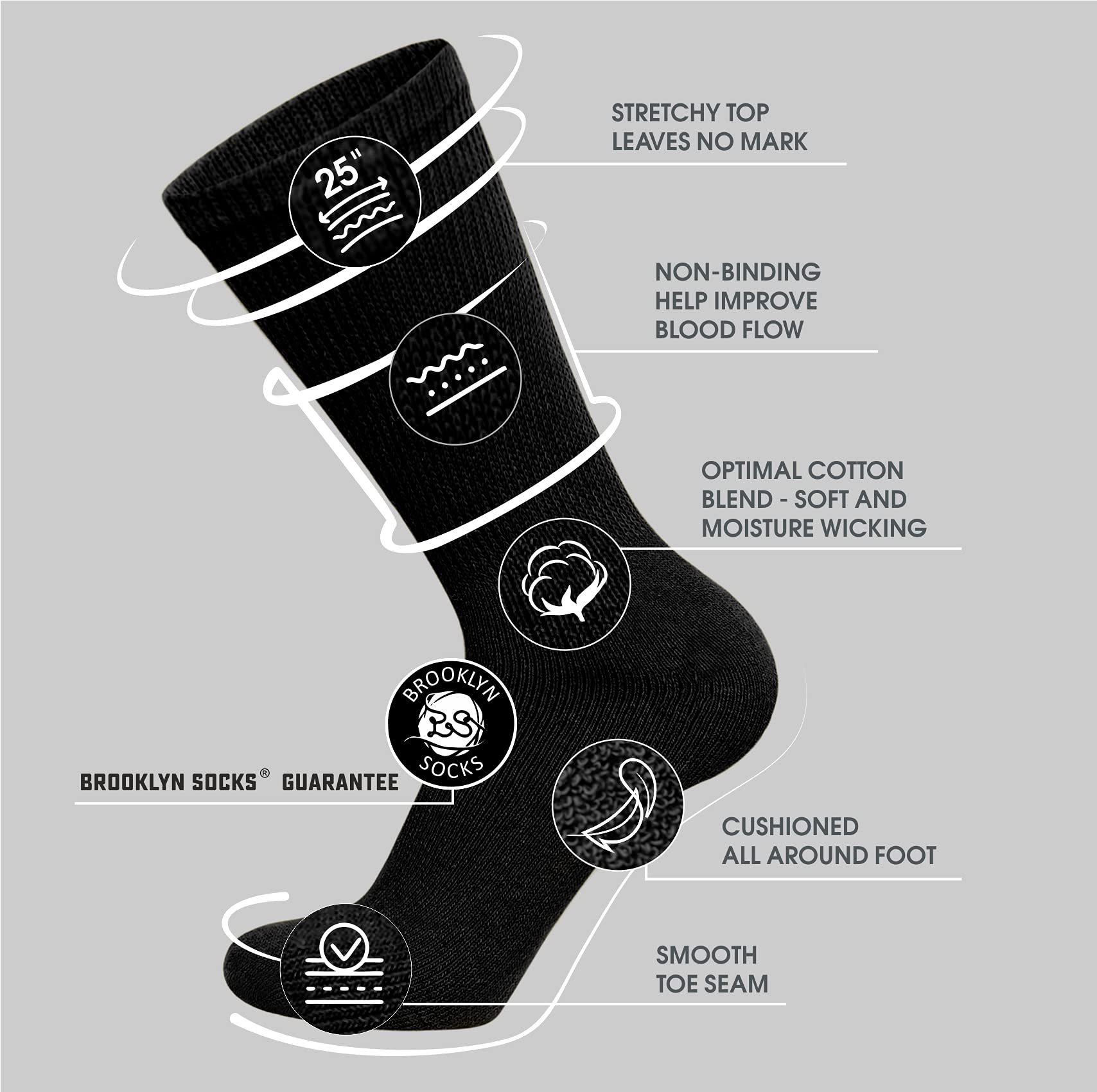 Big and Tall Diabetic Cotton Neuropathy Crew Socks, King Size Mens Athletic Crew Socks (13-16, Black/Gray/White) - 3 pairs