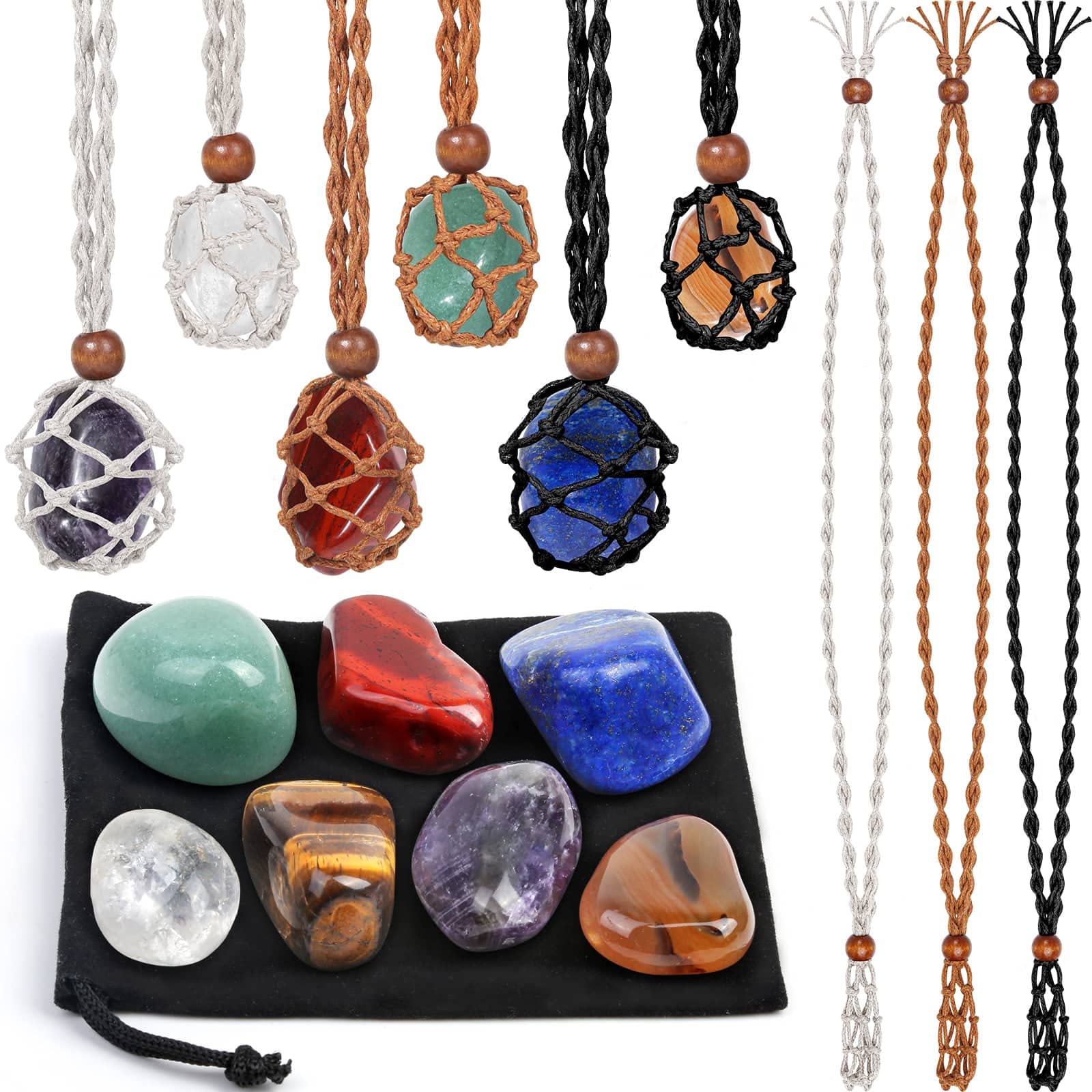 Crystals Necklace Holders and Healing Stones Set, 6Pcs Adjustable Crystal Cage with 7 Chakra Crystals and Healing Stones for Yog