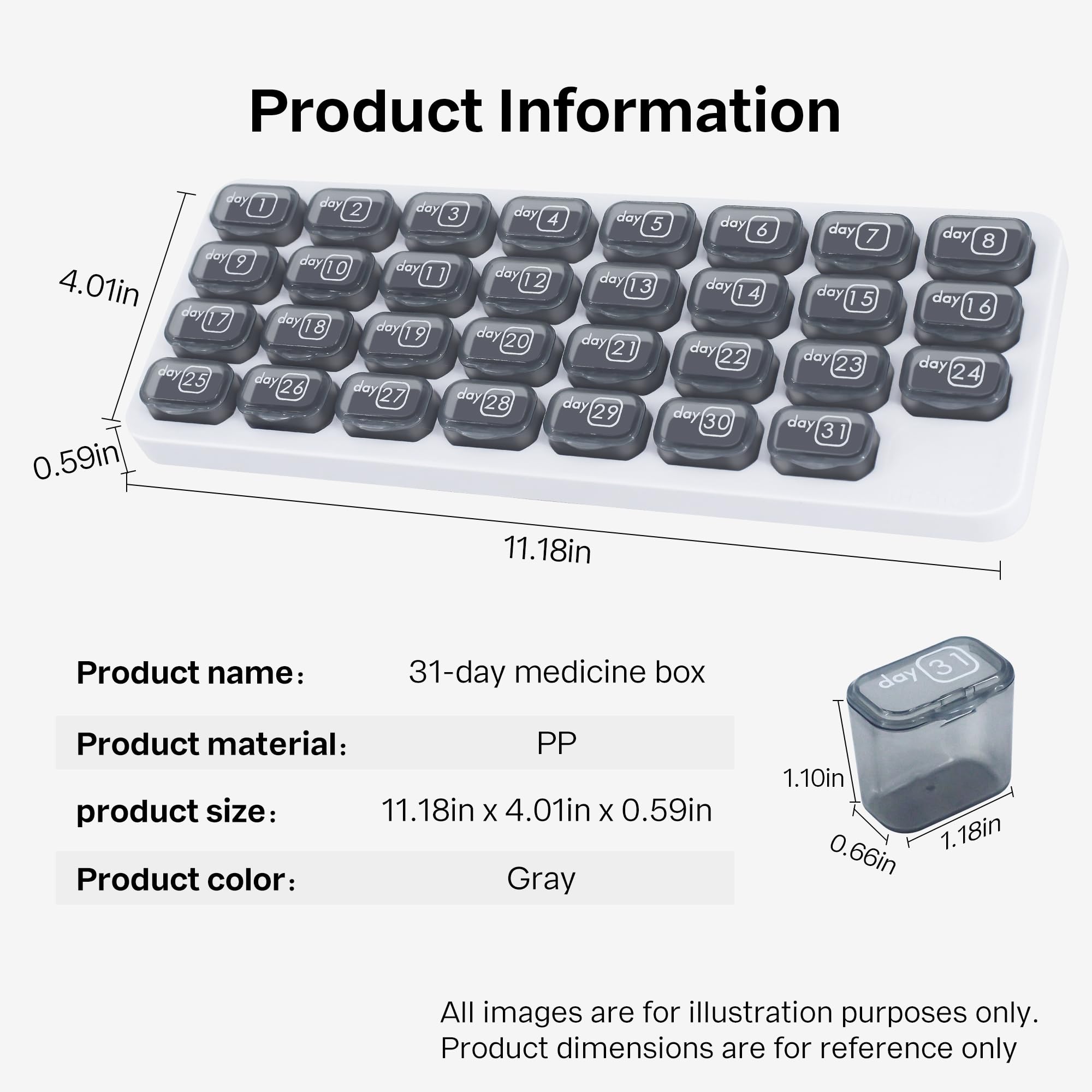 UHZBTEC Monthly 31 compartments Pill Organizer Day Pill Organizer for Medicine Vitamin Holder Container (Grey)