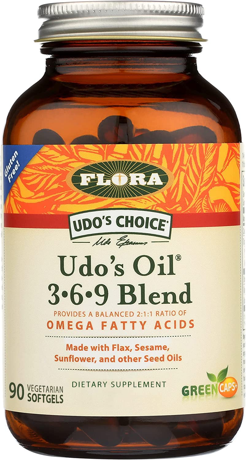 Flora Health Udos Oil 3-6-9 Blend, Balanced Omega Fatty Acids from Flax, Sesame, Sunflower 90 Vegetarian Capsules