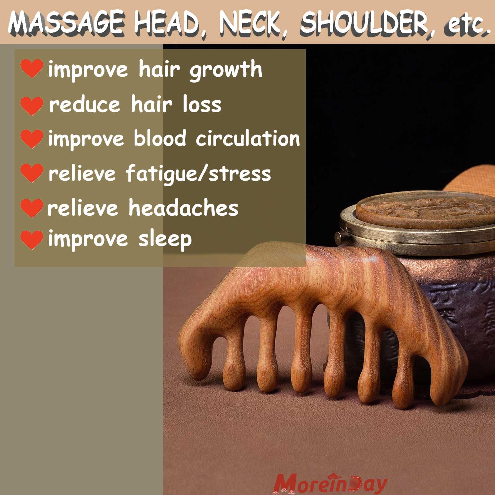 Moreinday Wooden Massage Comb, Wooden Scalp Massager, Scalp Gua Sha for Stress Relax, Loc Comb for Sisterlocks - Green Sandalwoo