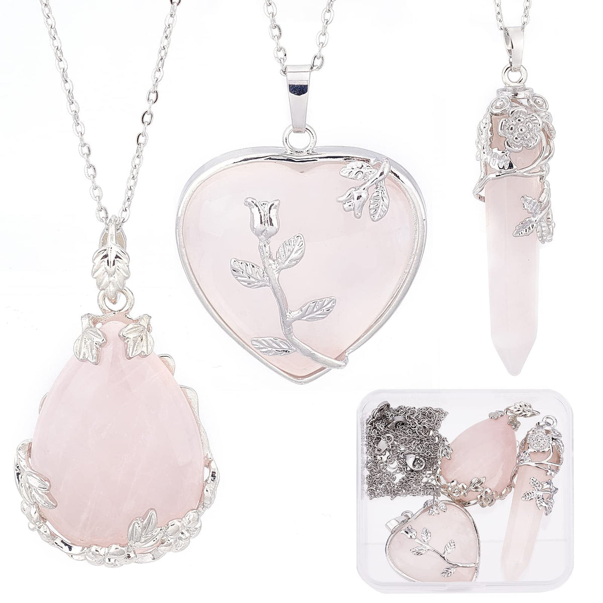SUNNYCLUE 1 Box 3 Style Healing Crystal Necklaces Natural Rose Quartz Gemstone Necklace Making Kit Healing Stone Bullet Heart Pe