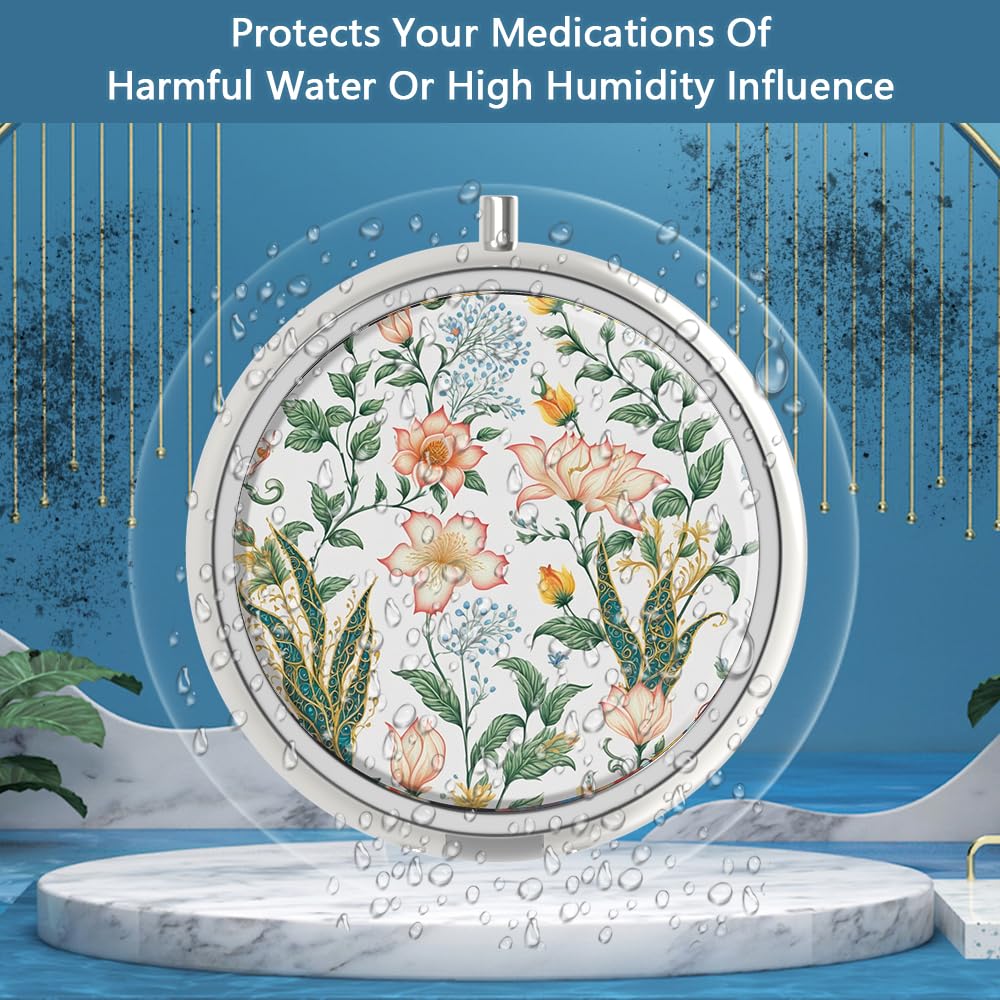 Floral Flower Decorative Metal Medicine Vitamin Organizer - 3 Compartment Portable Pill Box for Pocket or Purse