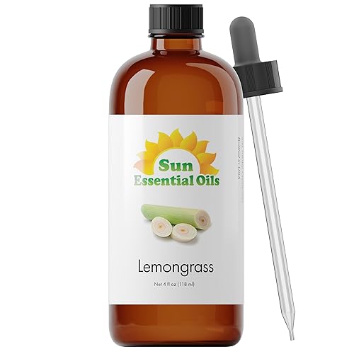 Sun Essential Oils - Lemongrass Essential Oil 4 oz with Dropper for Diffuser, Hair & Skincare, Aromatherapy Massage, Humidifier,