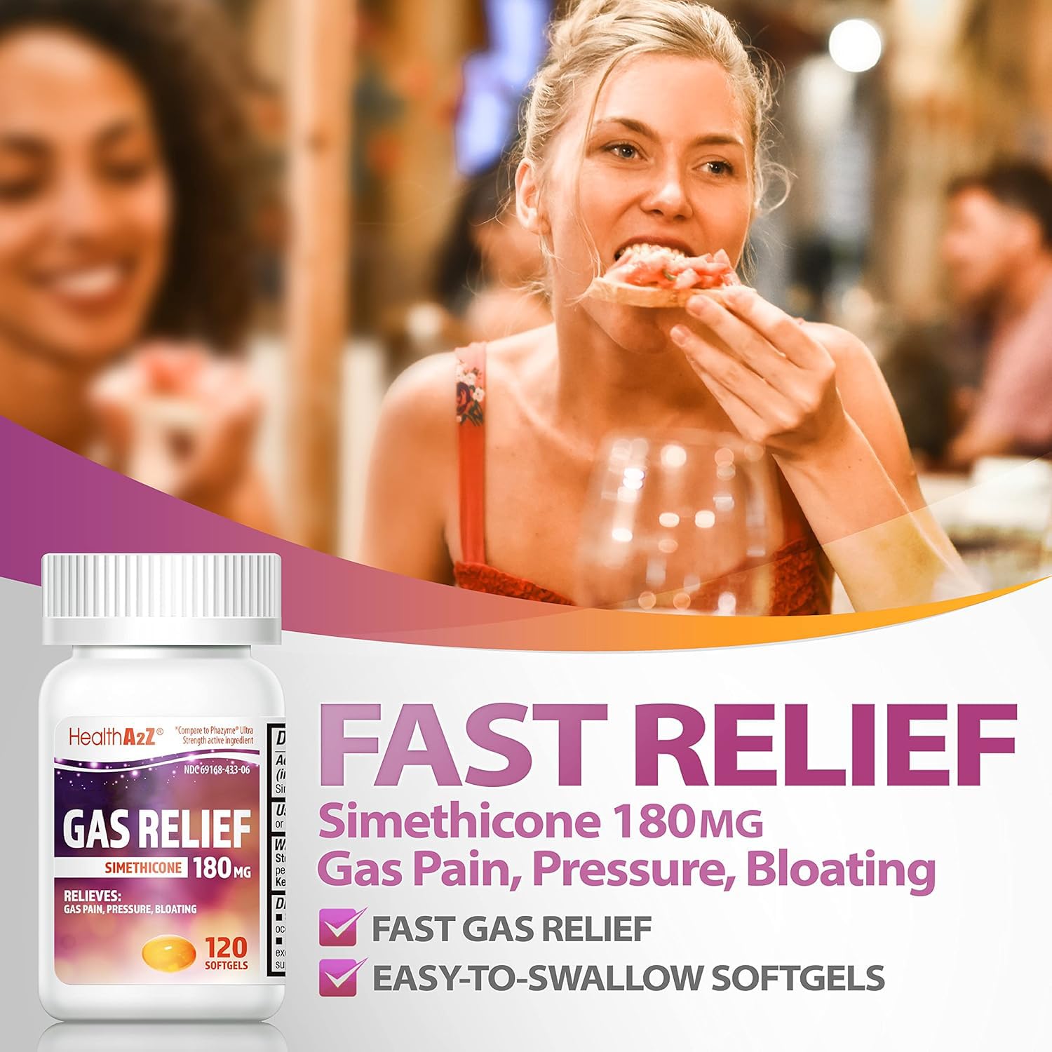 HealthA2Z Gas Relief Simethicone | 180 MG | Relieves from Stomach Discomfort and Gas | Anti Flatulence | Relieves Gas Fast (120