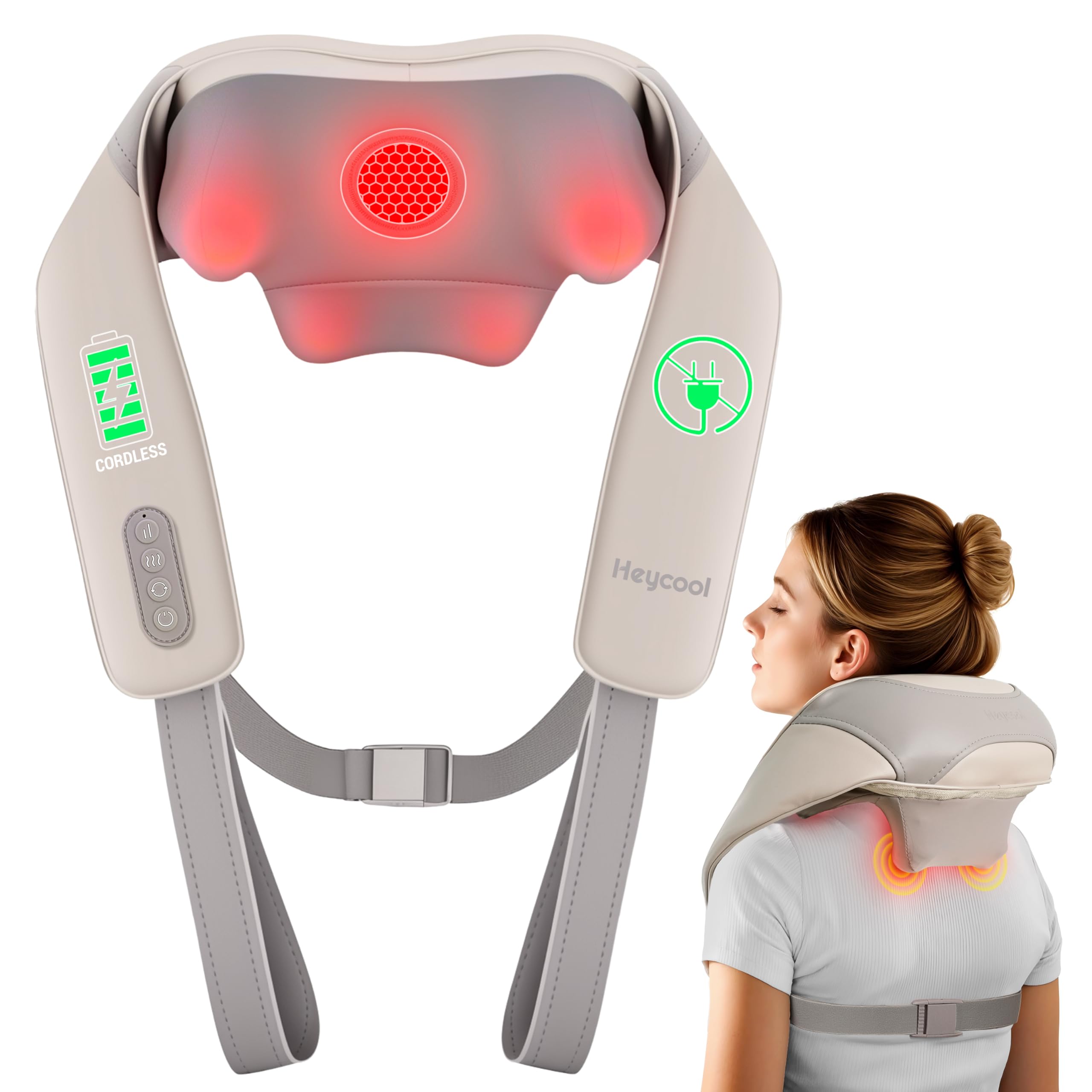 Heycool Cordless Neck Shoulder Massager with Heat, Back Massager Pillow, Gifts for Men, Women
