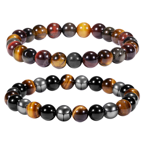Bivei Men Bracelets Triple Protection Tiger Eye Black Obsidian Hematite Beaded Bracelets Crystal Healing Anxiety Chakra Natural 