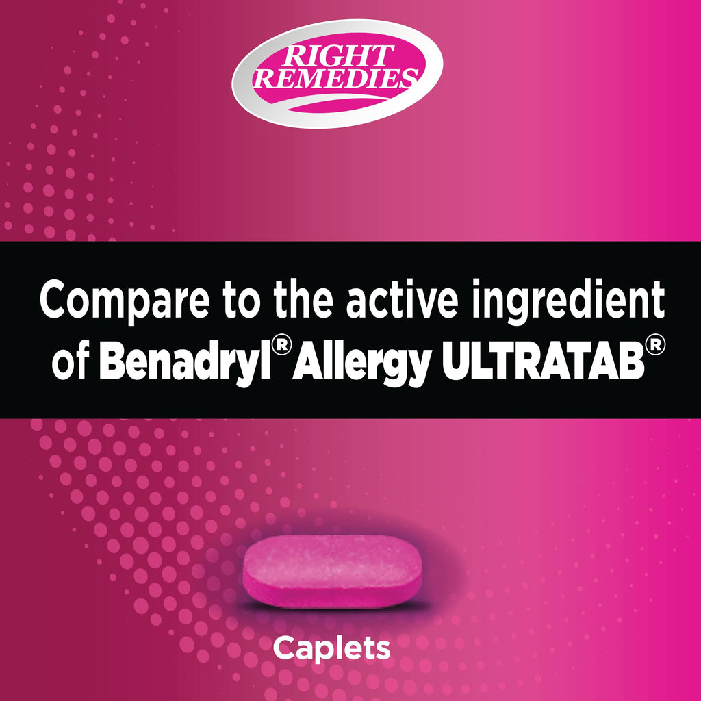 RIGHT REMEDIES Allergy Relief Antihistamine, Diphenhydramine HCl 25mg, Generic Benadryl Ultratabs, Relieves Seasonal Indoor or O
