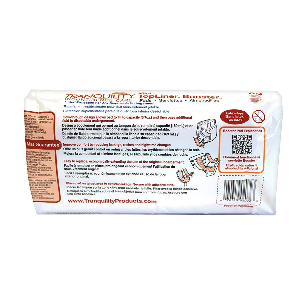 Tranquility TopLiner Disposable Booster Pads, Mini (10.5 x 2.75) Flow-Through Design with Adhesive Strip for Max Absorption, Adu