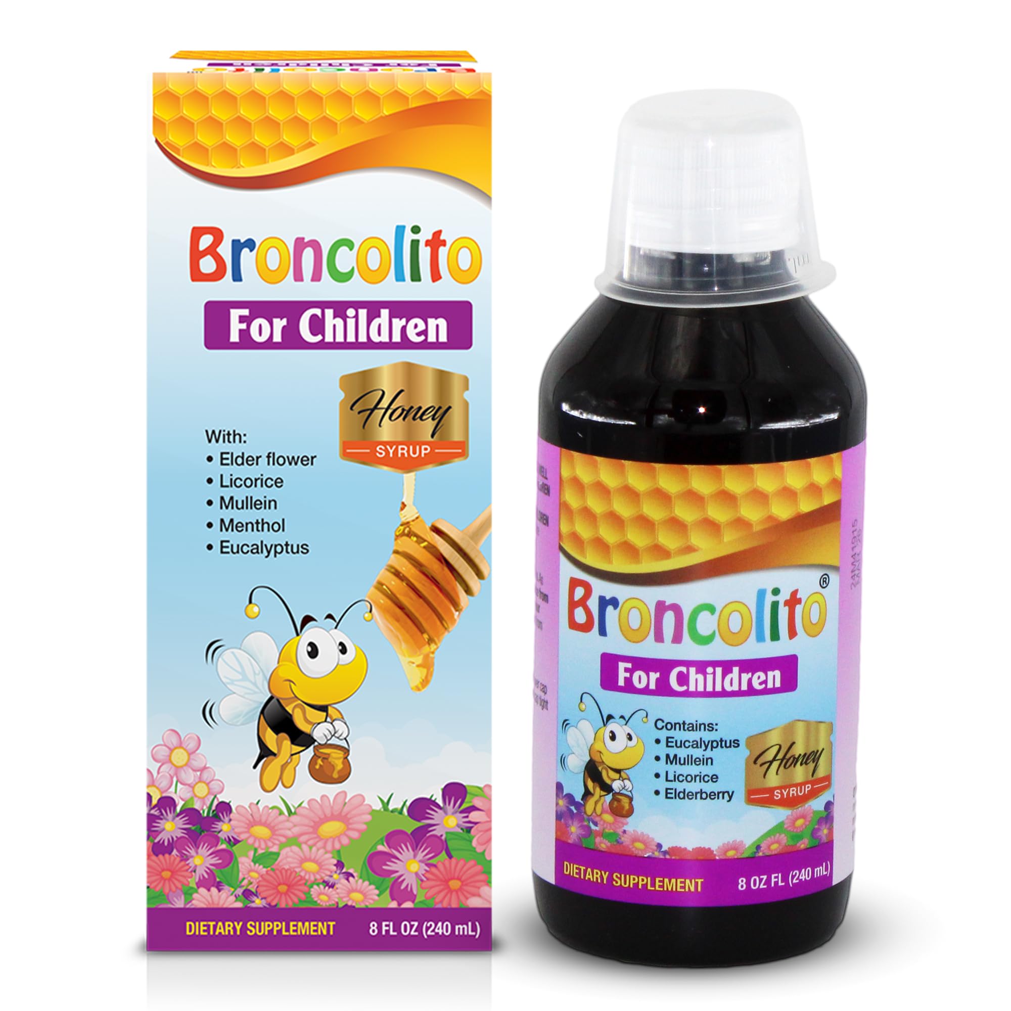 BRONCOLITO Honey Syrup for Children - Natural Herbal Blend with Elder Flower, Licorice, Mullein & Eucalyptus - Soothing Formula 