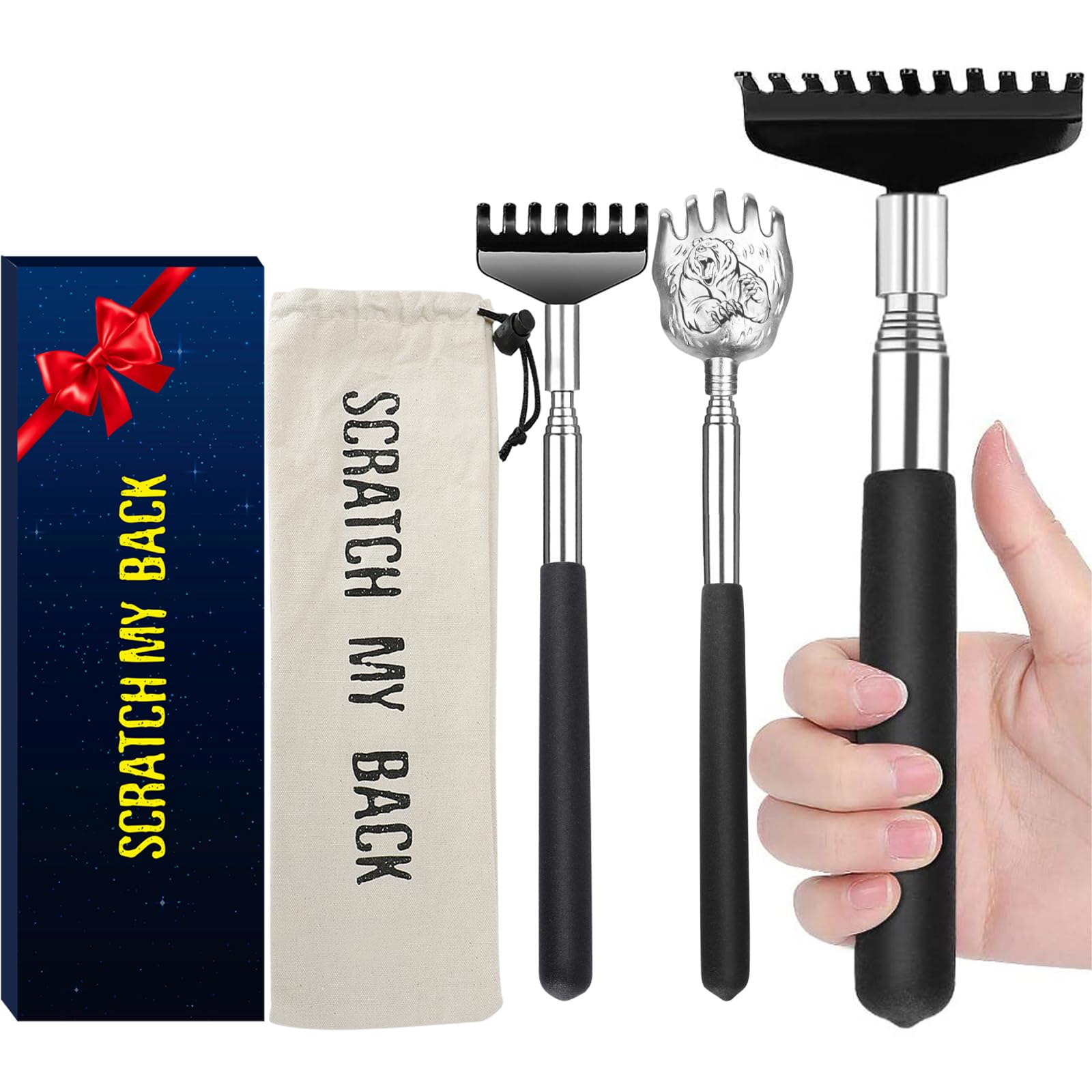 Oversized Back Scratcher Gift Set, 3 Pack Portable Extendable Stainless Steel Telescoping Massage Tool, Gift/Stocking Stuffers f