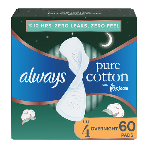 Always Pure Cotton, Feminine Pads for Women, Size 4 Overnight Absorbency, Multipack, with Flexfoam, with Wings, Unscented, 20 Co