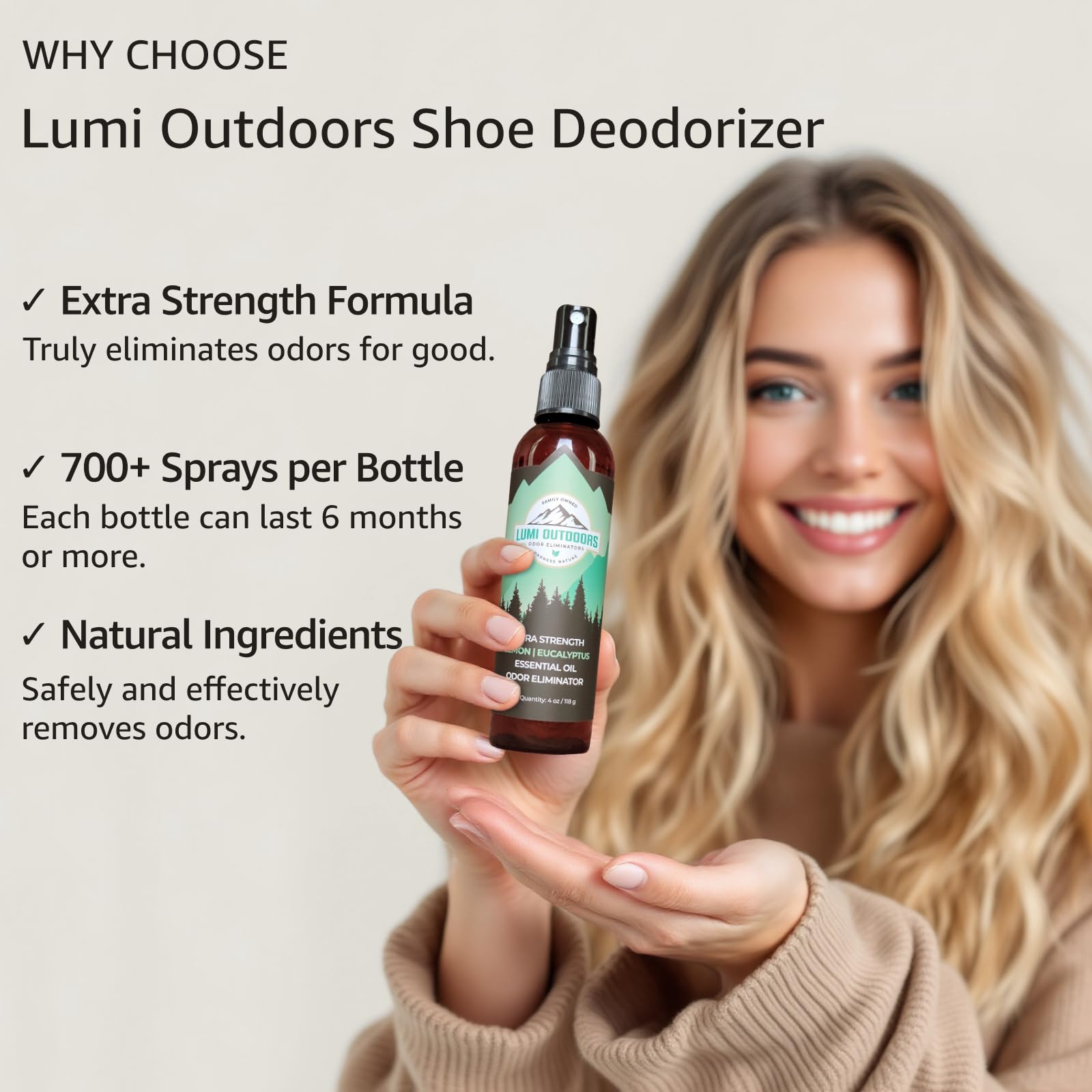Lumi Outdoors Natural Shoe Deodorizer & Foot Odor Elimination Spray - Shoe Spray for Smelly Shoes - Extra Strength - Eucalyptus