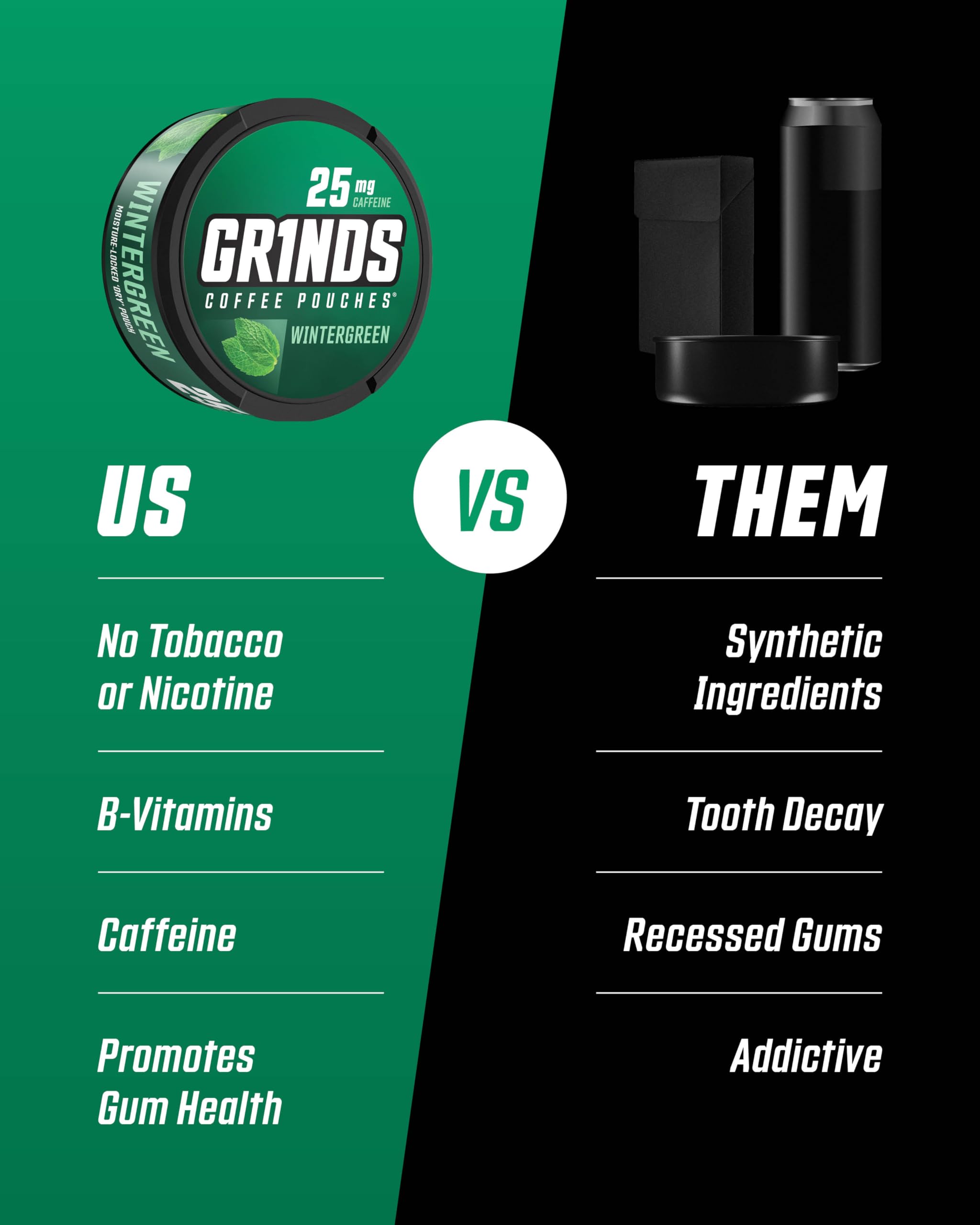 Grinds Coffee Pouches | Tobacco Free, Nicotine Free Healthy Alternative | 6 Cans of Wintergreen | 18 Pouches Per Can | 1 Pouch e