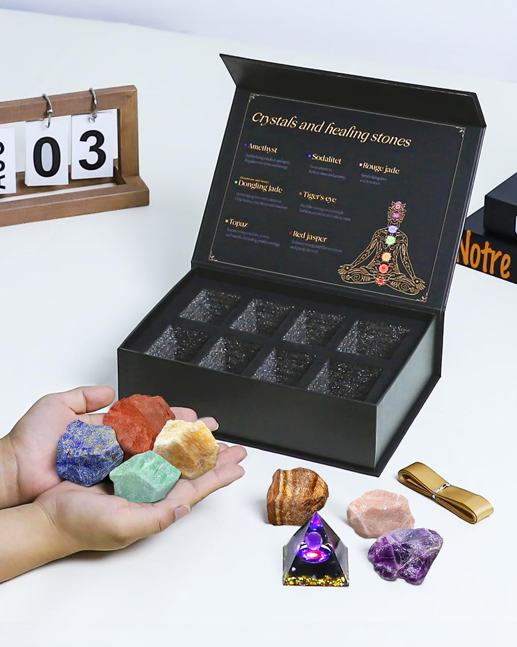 Crystals and Healing Stones Set with Orgonite Pyramid - (2-2.5 inch) Large 7 Chakras Stones, Positive Energy Healing Stones for
