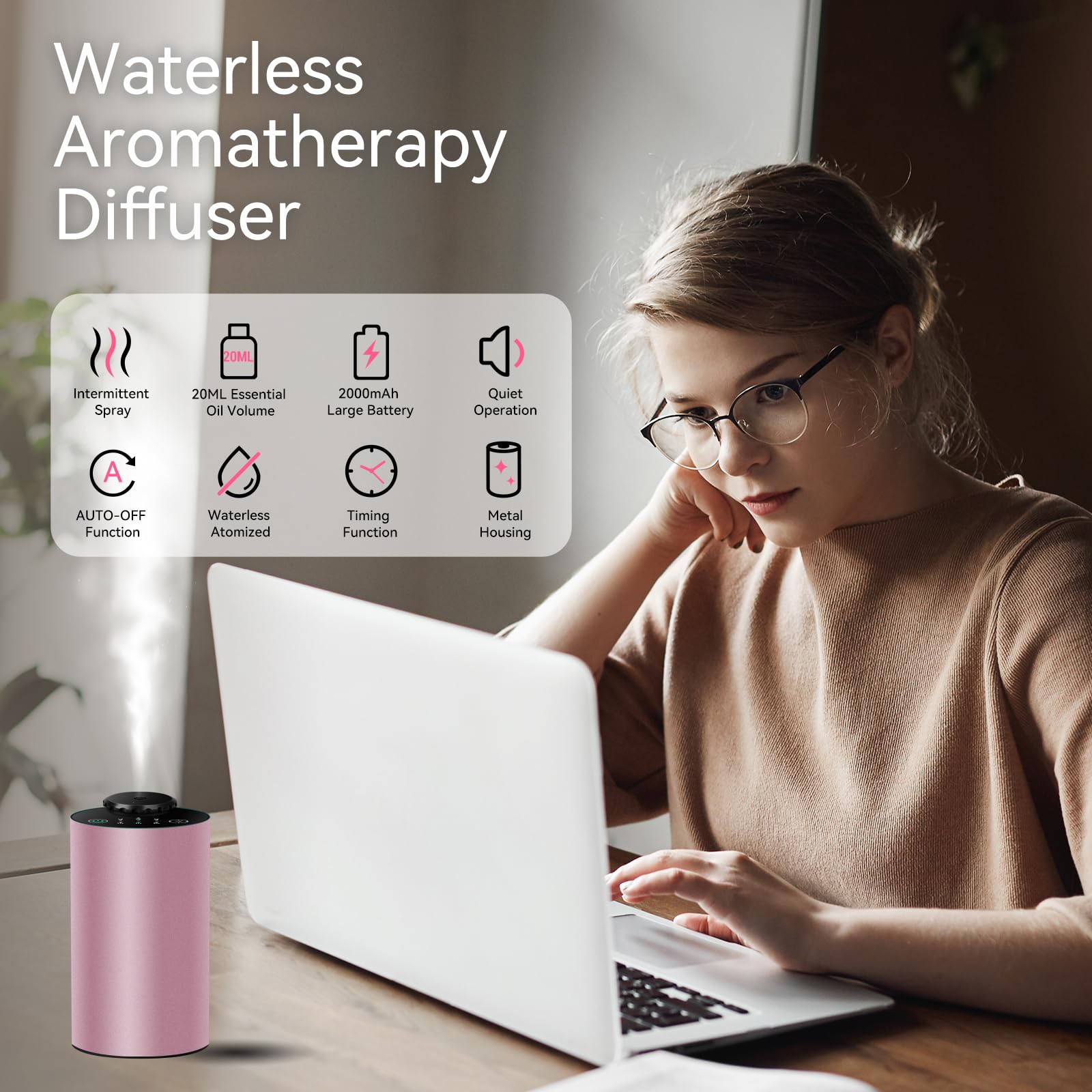 Waterless Diffuser for Essential Oil, Battery Operated Portable Nebulizer, Automatic Scent Aromatherapy Machine, 3 Timer Modes &