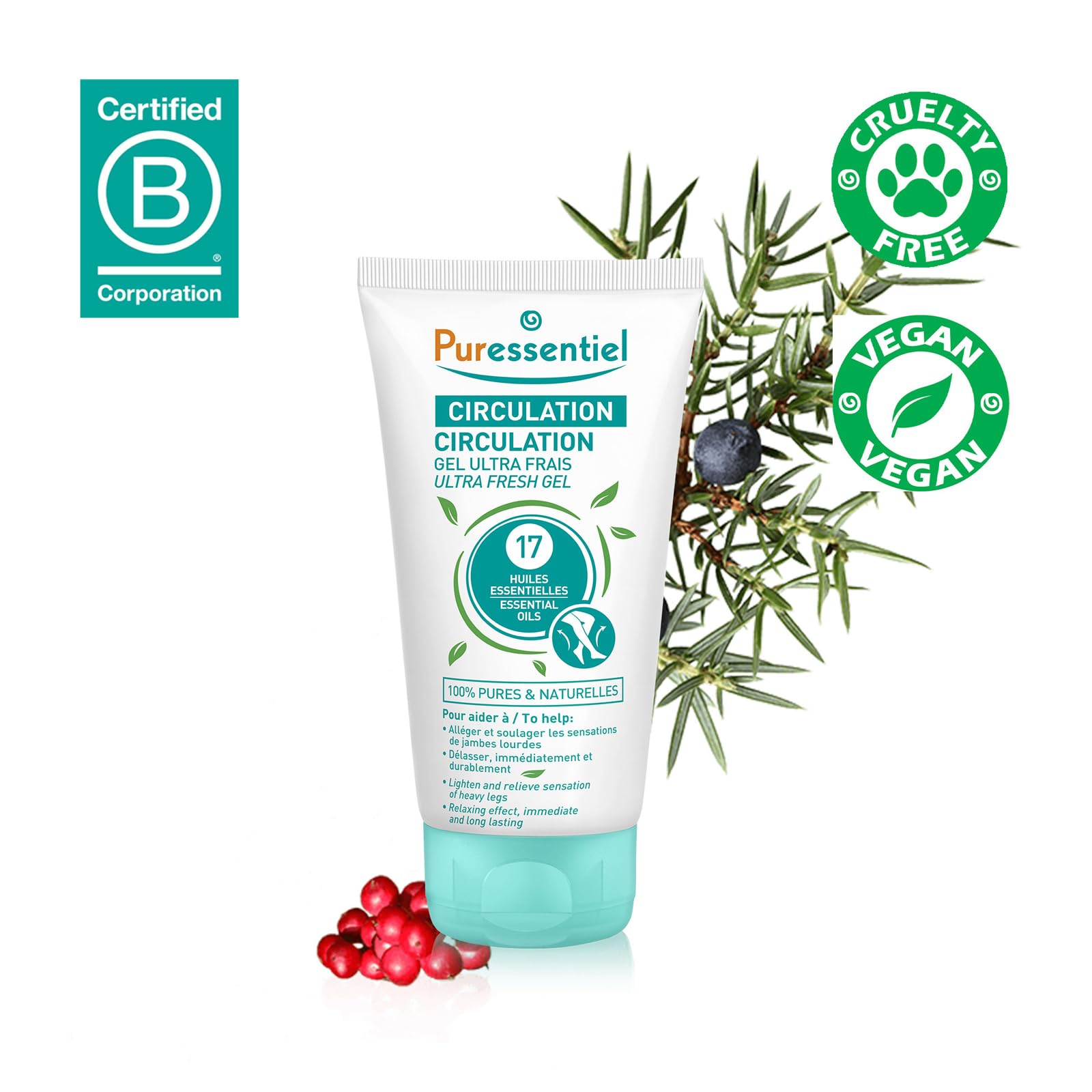 Puressentiel Soothing Gel for Tired Feet, Ankles, Legs - Aromatherapy Lotion with 17 Essential Oils for Body and Skin - Instant,
