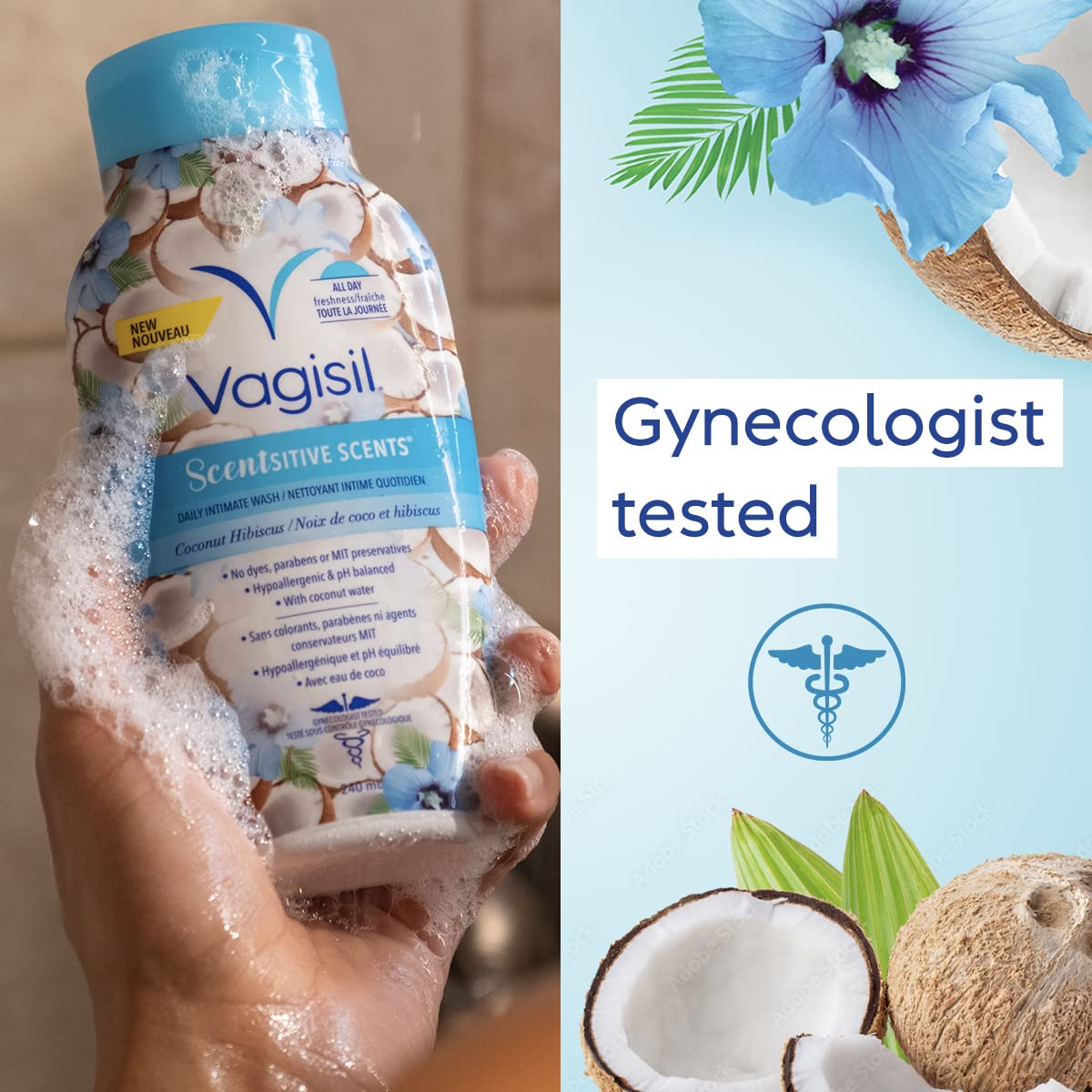 Vagisil Feminine Wash for Intimate Area Hygiene, Scentsitive Scents, pH Balanced and Gynecologist Tested, Coconut Hibiscus, 12 o