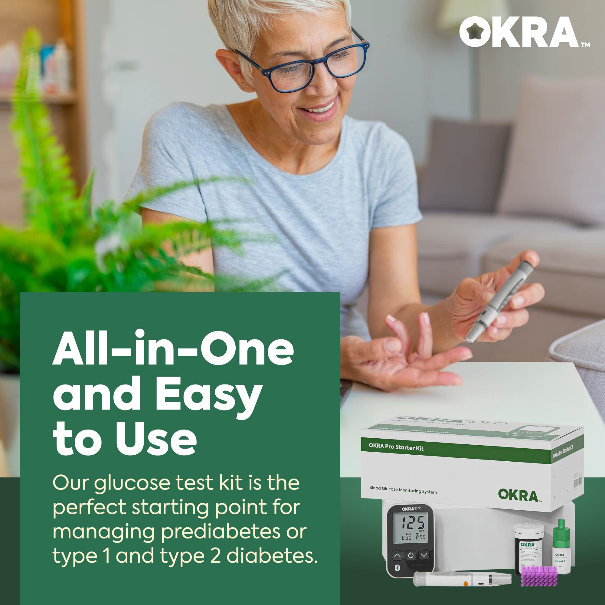 OKRA PRO Blood Sugar Monitor Kit - 5s Fast Glucose Results, No Coding, Strip Ejection, App for Tracking, 25 Test Strips, Home Di