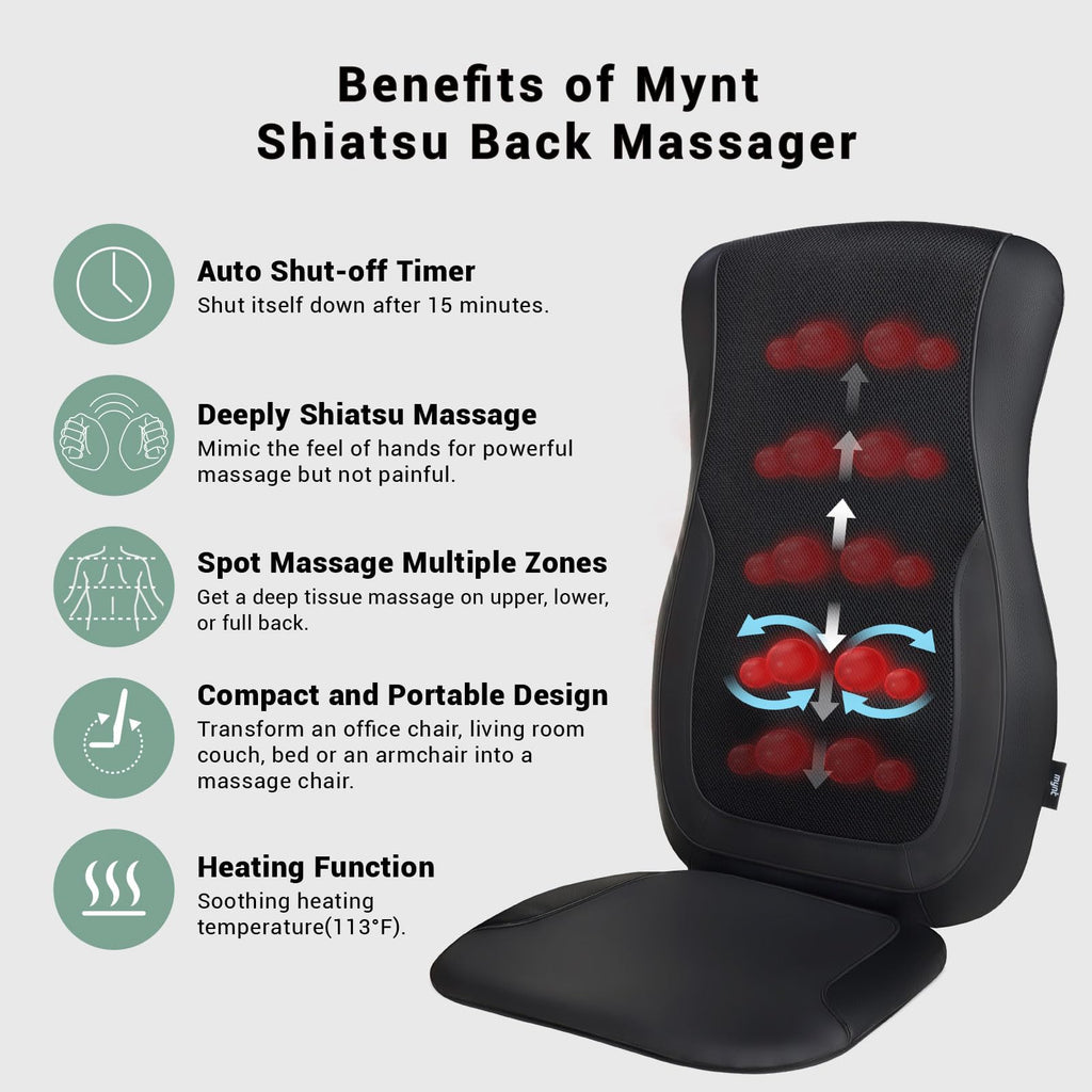 Mynt Black Acupressure Massage Chair Pad with 4 Deep Kneading Nodes, Shiatsu Back Massager for Chair with Heat, Heated Back Mass