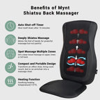 Mynt Black Acupressure Massage Chair Pad with 4 Deep Kneading Nodes, Shiatsu Back Massager for Chair with Heat, Heated Back Mass