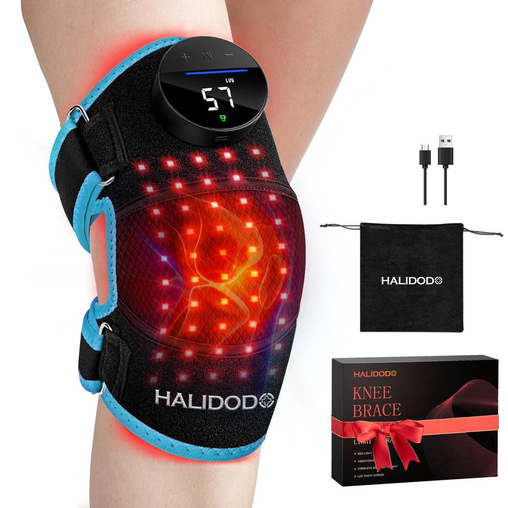 HALIDODO Red Light Therapy & Vibration Massage Knee Brace - Rechargeable Controller, 660nm&850nm Red Light Therapy Heated Device