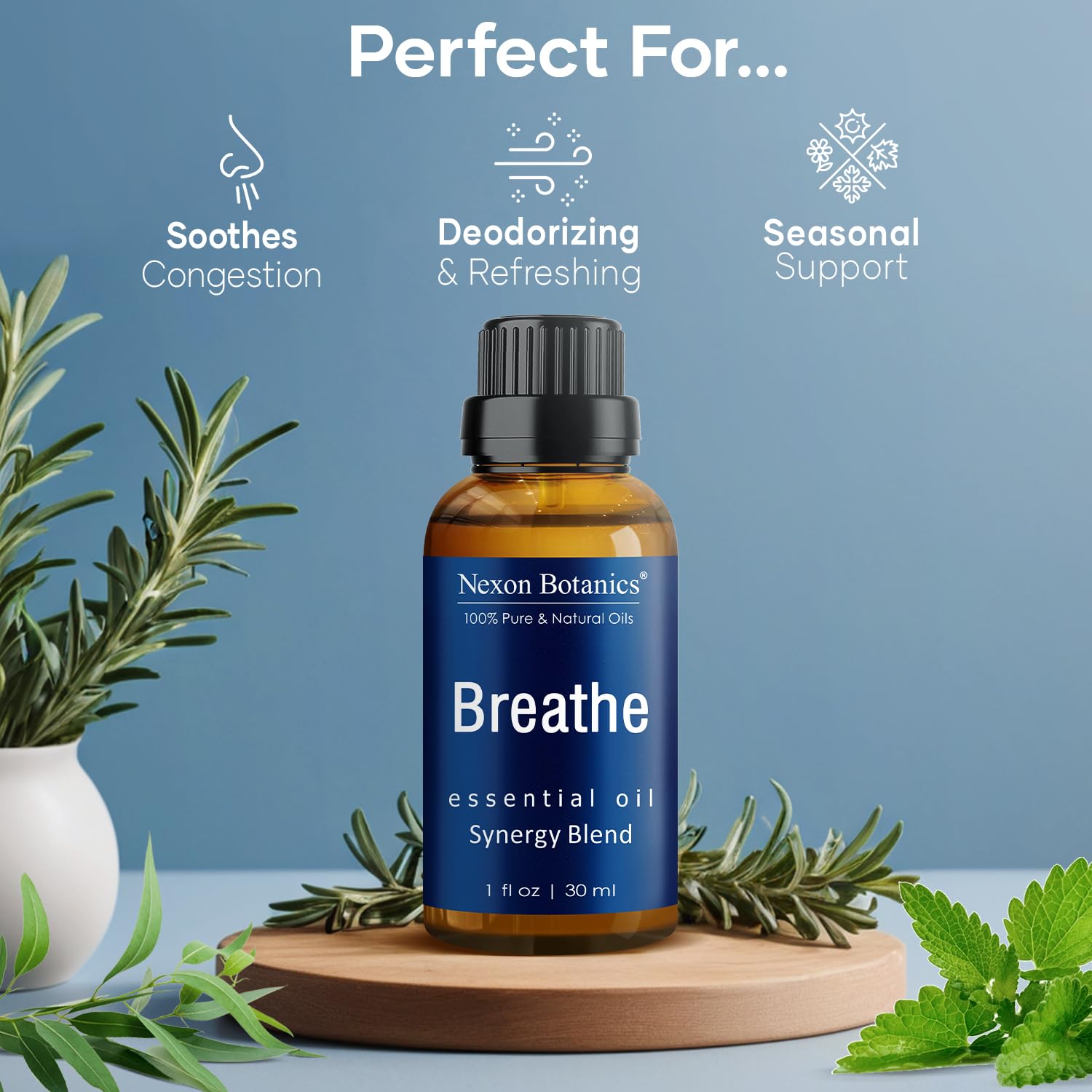 Breathe Essential Oil Blend 30 ml - Breath Sinus Relief with Menthol Oils - for Humidifiers, Diffusers, and Aromatherapy - Nexon