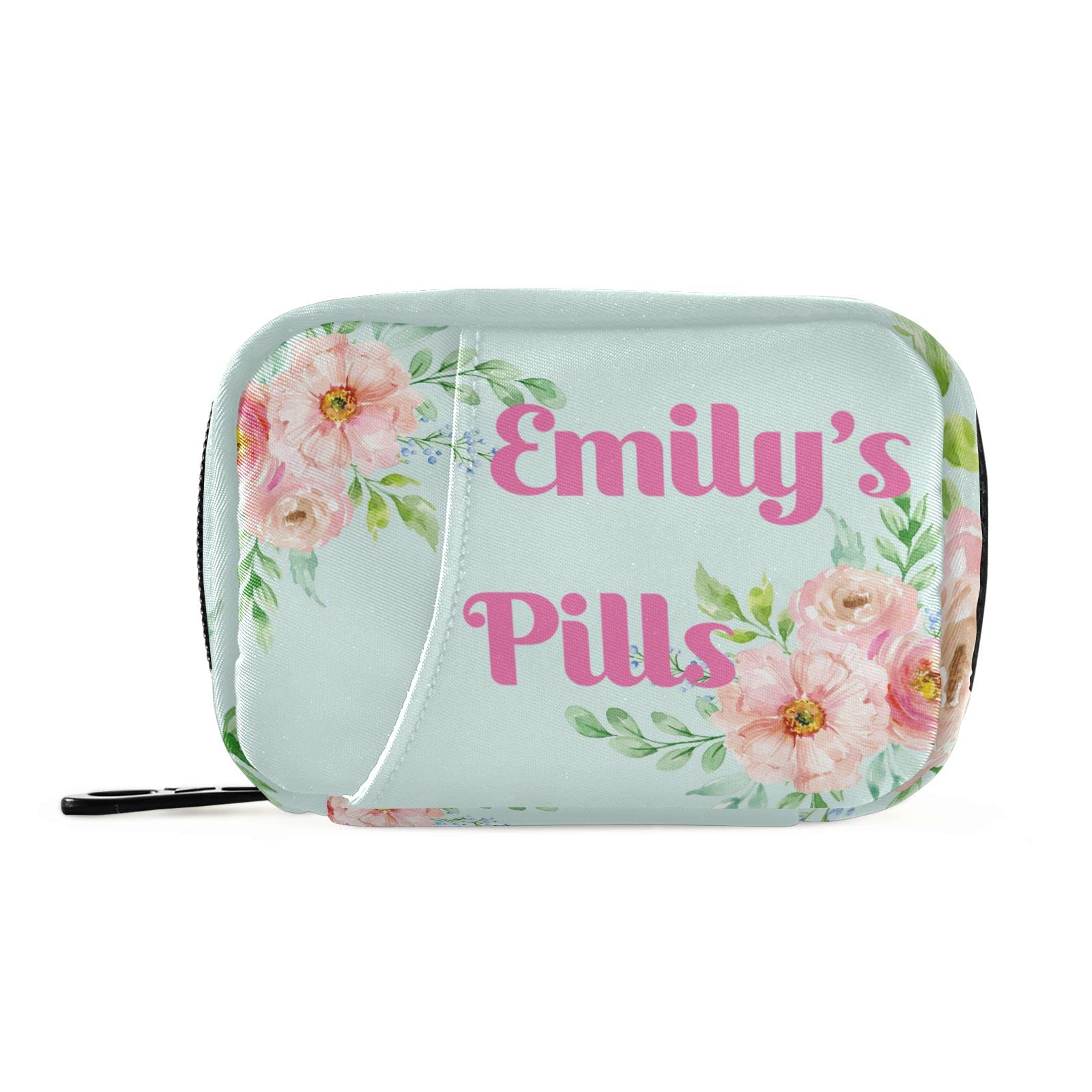 Custom Pill Box 7 Day Pill Case Bag Pink Flowers Watercolor Personalized Name Travel Pill Organizer Bag with Zipper Portable Wee