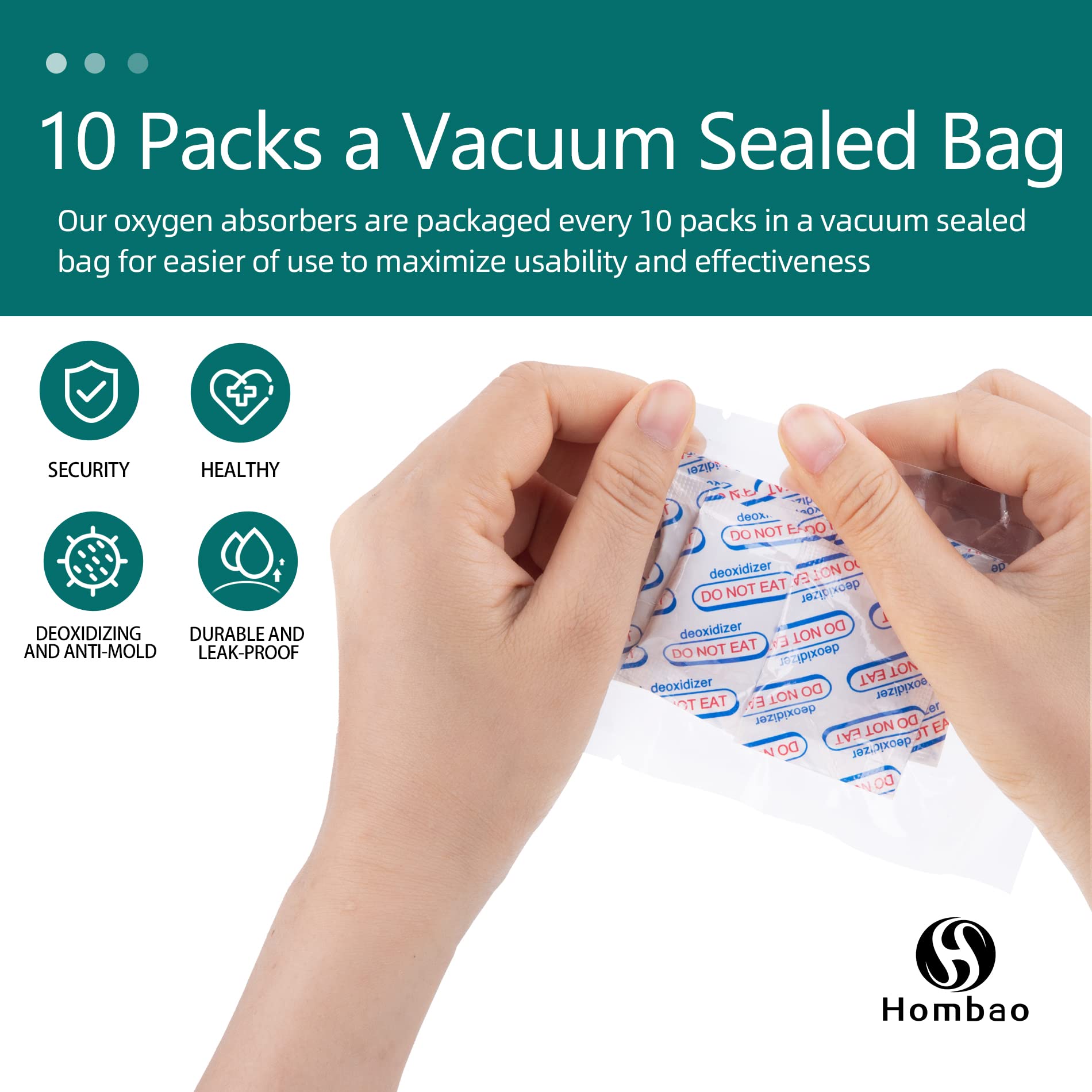 Hombao 200 Packs 200CC Oxygen Absorbers for Food Storage - Food Grade, 10 Packs x 1 Vacuum Bag