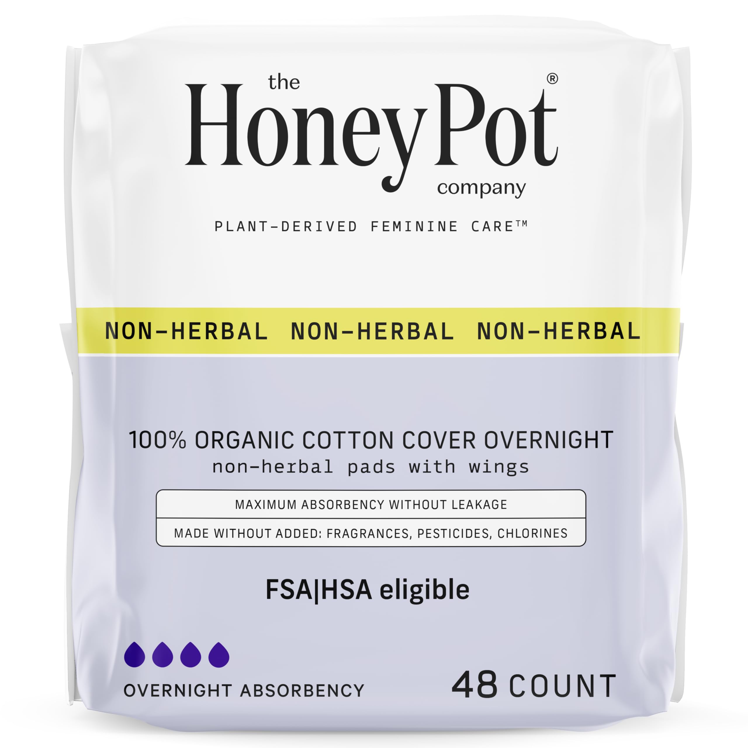 The Honey Pot Company - 48ct - Pads for Women - Non-Herbal Overnight Pads w/Wings - Organic Cotton Cover, & Ultra-Absorbent Pulp