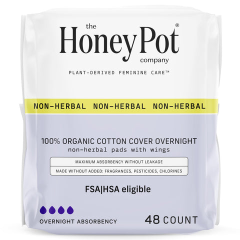 The Honey Pot Company - 48ct - Pads for Women - Non-Herbal Overnight Pads w/Wings - Organic Cotton Cover, & Ultra-Absorbent Pulp