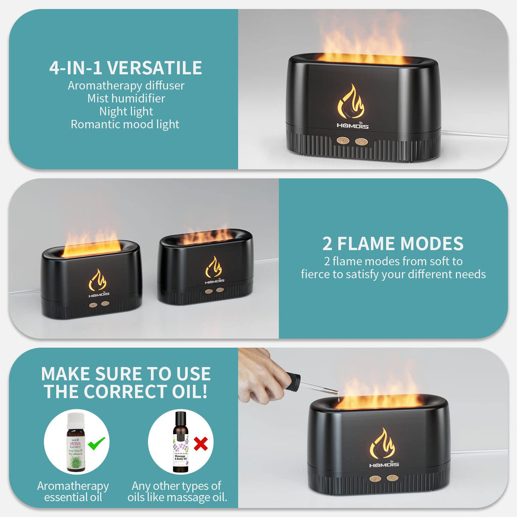 HOMDIS Essential Oil Diffusers, Quiet Flame Diffuser, 7 Colors Modes Changed Light Flame Humidifer, Auto Shut Off Aromatherapy D