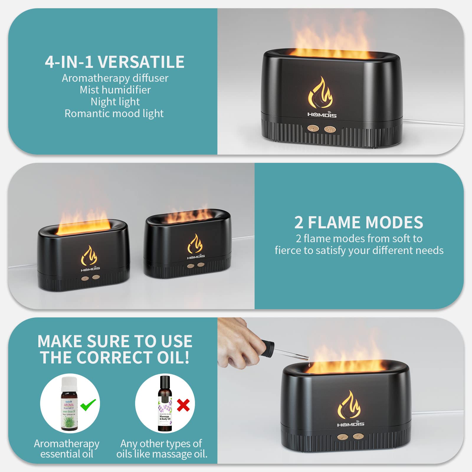 HOMDIS Essential Oil Diffusers, Quiet Flame Diffuser, 7 Colors Modes Changed Light Flame Humidifer, Auto Shut Off Aromatherapy D