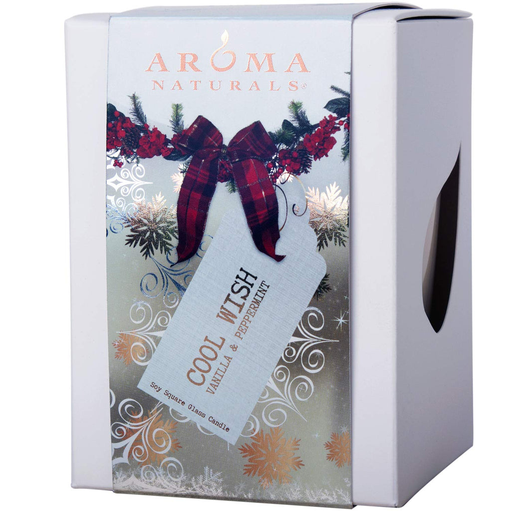 Aroma Naturals Wish Holiday Square Glass Soy Candle, Peppermint and Vanilla, 6.8 Ounce