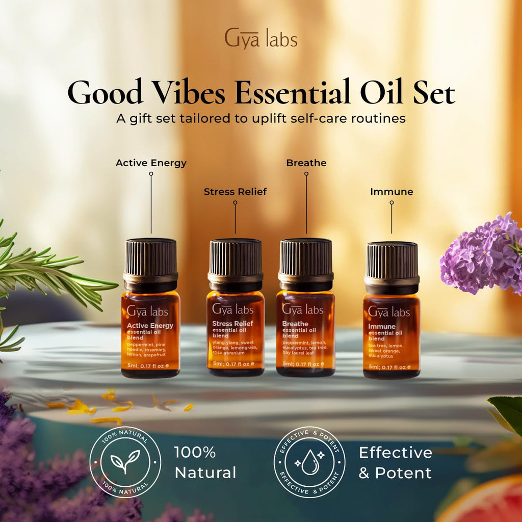 Gya Labs Good Vibes Essential Oil Set, Essential Oils for Diffusers, Self-Care, Skin, Candle Making & Gift Set - Peppermint, Ros