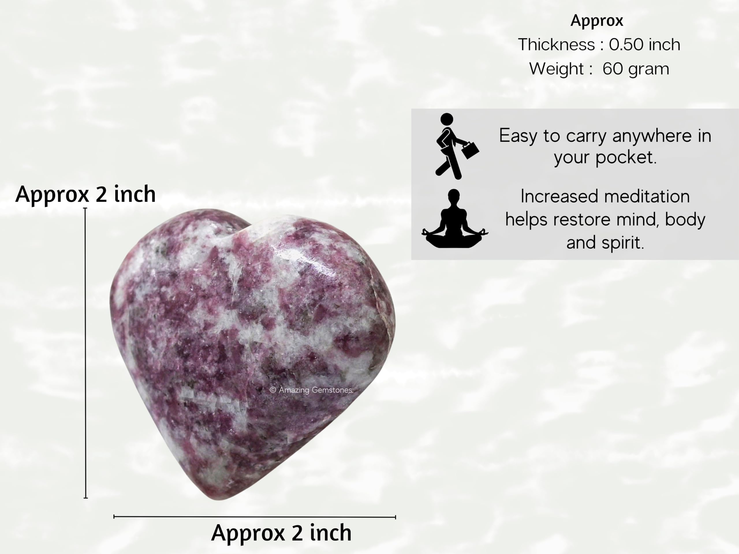Lepidolite Crystal Heart Palm Stone - Pocket Massage Worry Stone for Natural Body Chakra Balancing, Reiki Healing and Crystal Gr