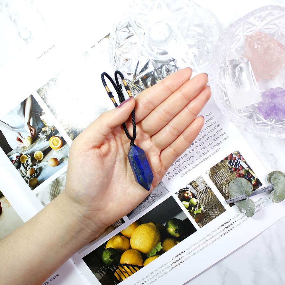 Runyangshi Blue Lapis Lazuli Healing Crystal Pendants, Double Pointed Natural Crystal Quartz Necklace 6 Faceted Chakra Crystal W