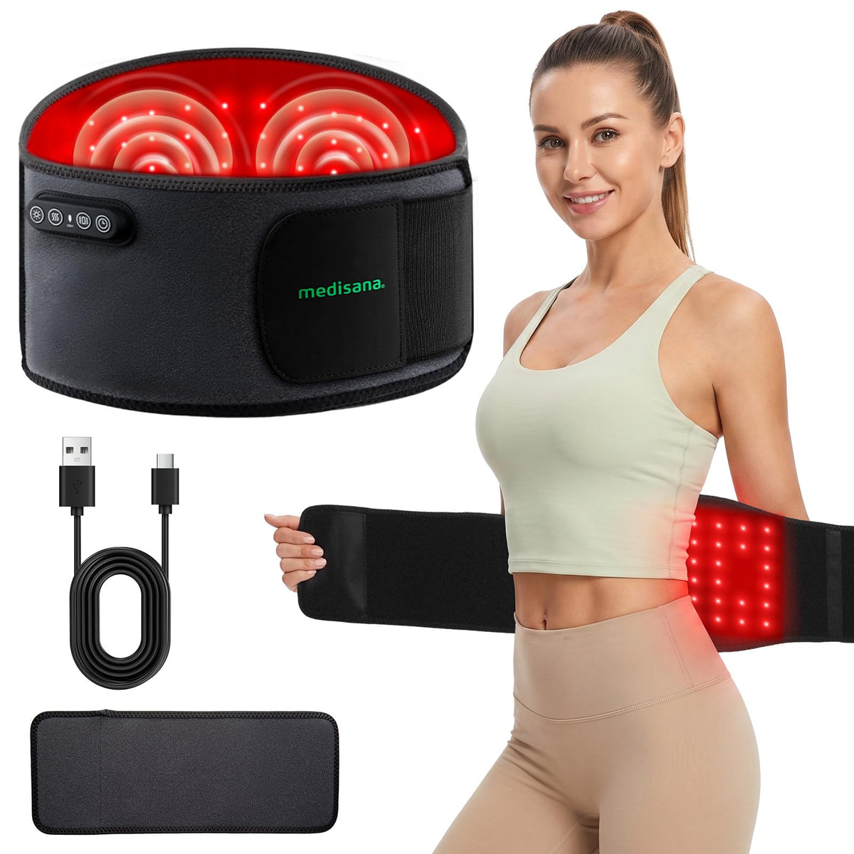 Medisana Red Light Therapy for Body with Heat and Vibration, Red Light Belt