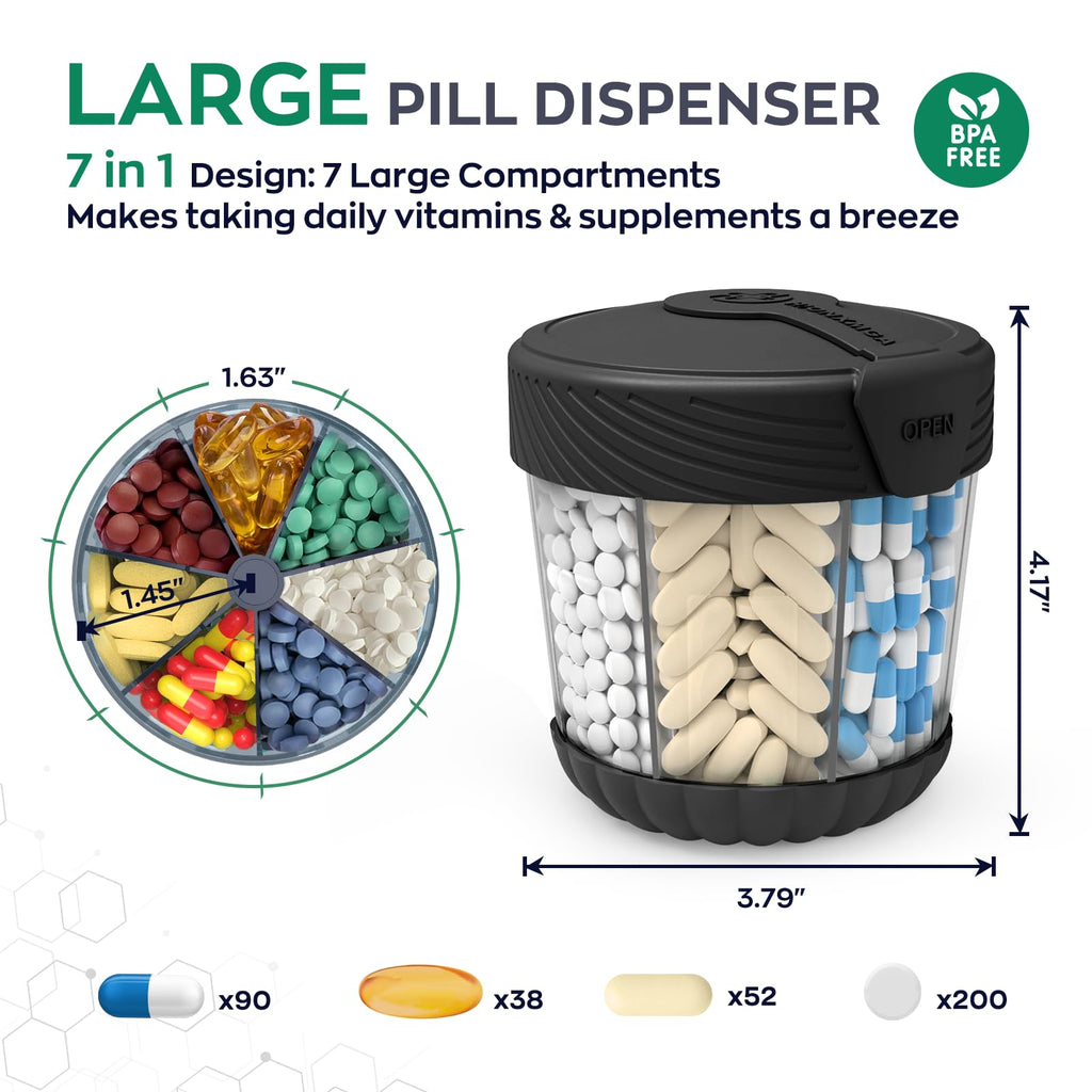 HIONXMGA Large Pill Dispenser with 7 Compartments, Portable Pill Bottle Organizer for Travel, Anti-Mix Supplement Organizer Easy