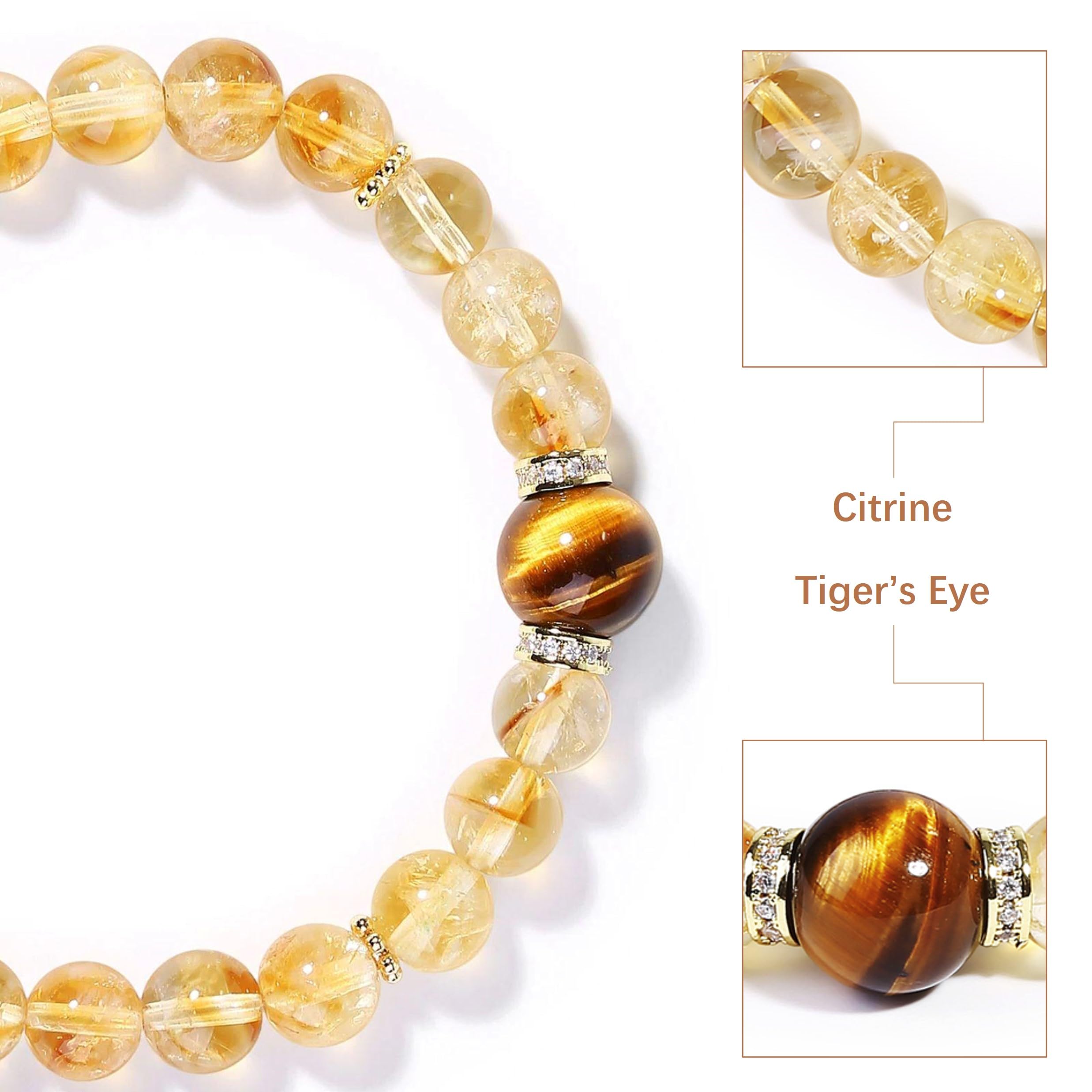 Magiriam Citrine Crystal & Tigers Eye Stretch Bracelet with Zircon Inlay | 17CM Comfortable Elastic Fit | Healing Gemstone Brace