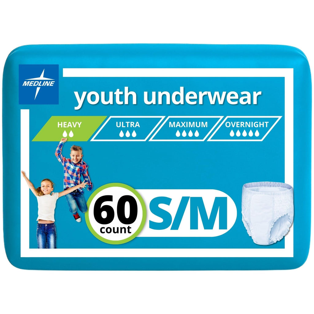 Medline Youth Disposable Protective Underwear, S/M Size for 40-70 lbs, Leakproof & Absorbent, Comfortable with Odor Control, Eas
