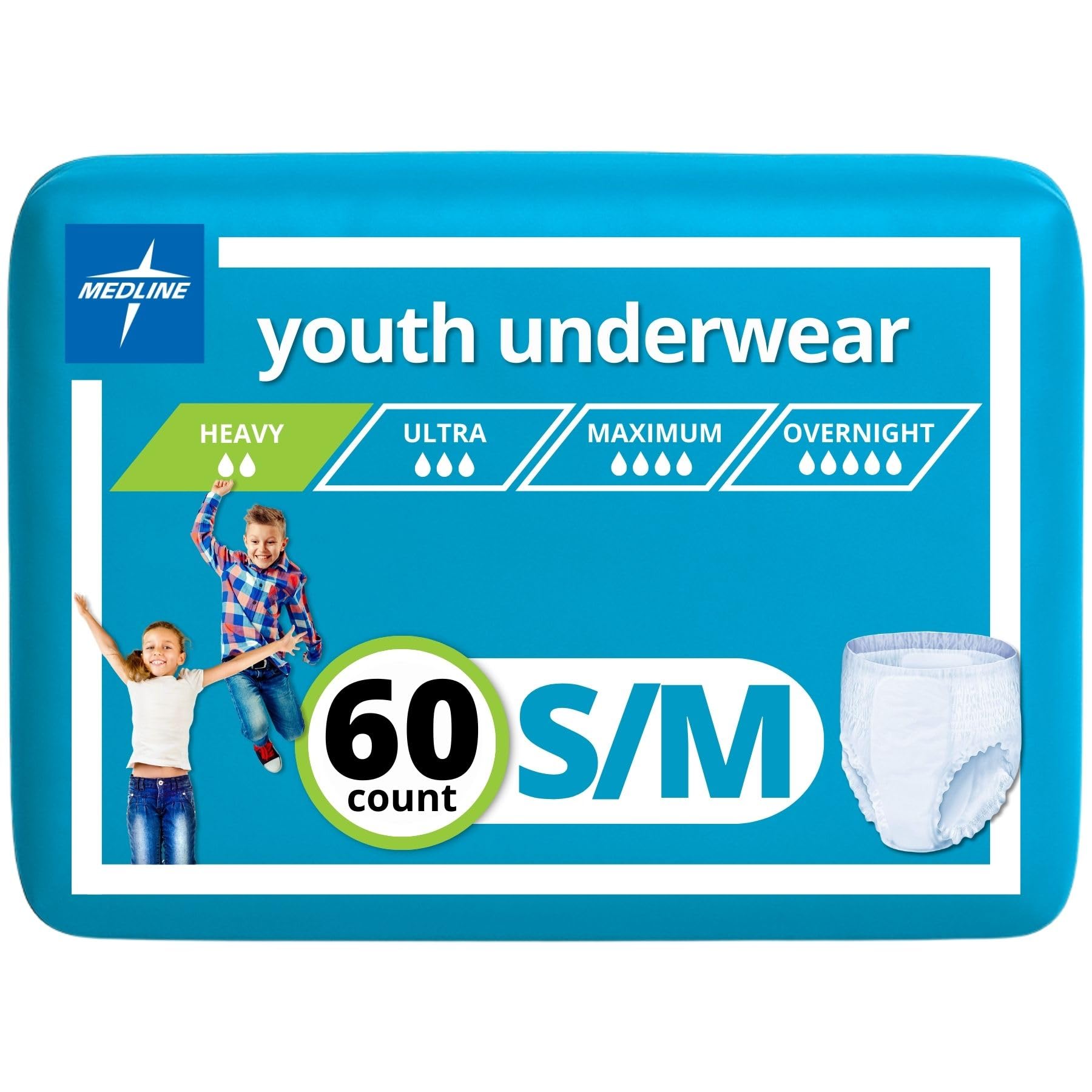 Medline Youth Disposable Protective Underwear, S/M Size for 40-70 lbs, Leakproof & Absorbent, Comfortable with Odor Control, Eas