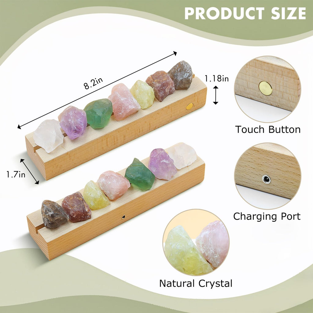 HYAMVOR Healing Crystal Night Light,7 Chakra Natural Bedside Lamp with Wooden LED Light Base,Healing Stones Positive Energy Nigh