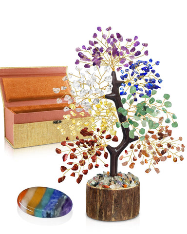 7 Chakra Crystal Tree of Life with Worry Stone (Set 2) - Unique Birthday Gifts for Women, Valentine's Day Gift, Chakra Trees Hea