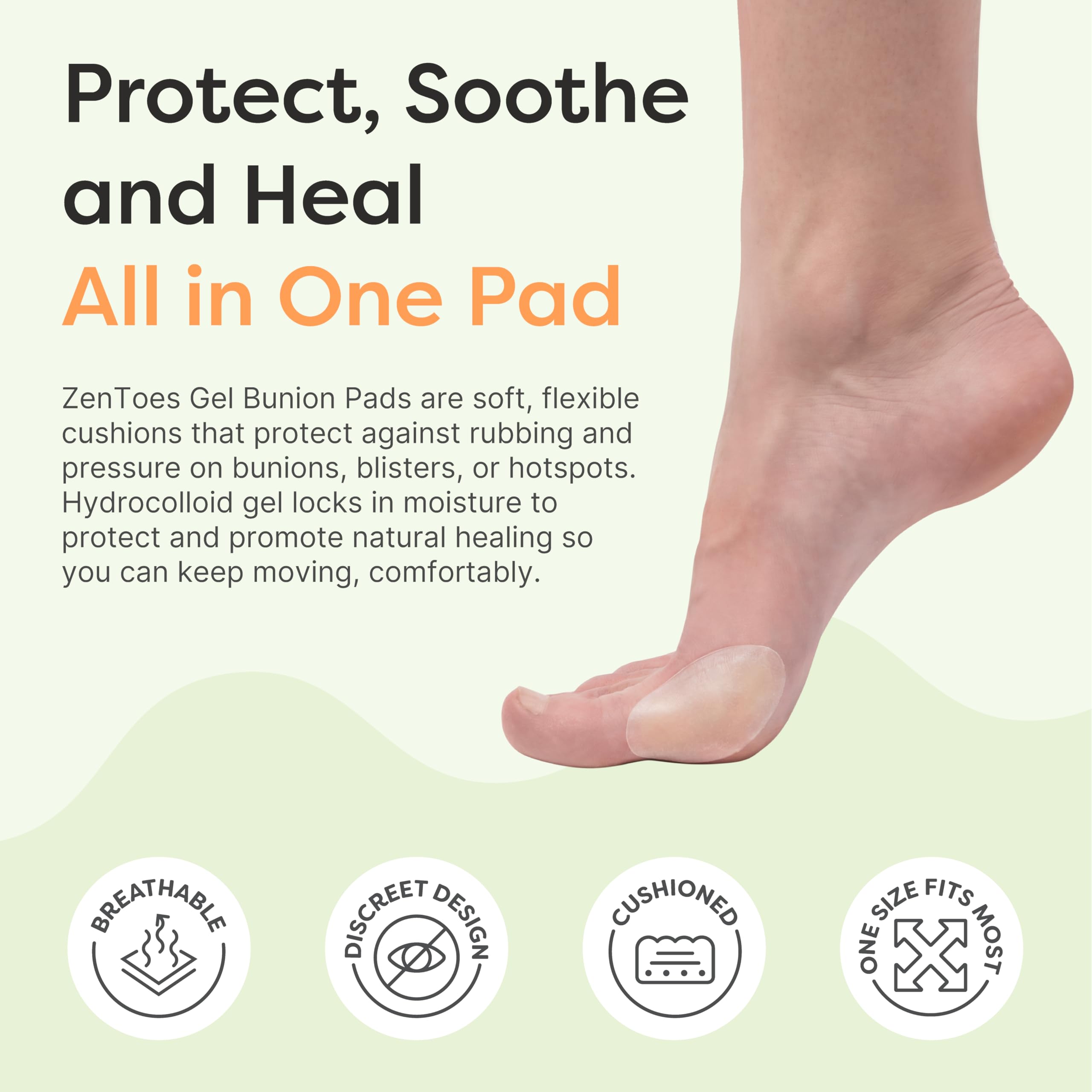 ZenToes Hydrocolloid Bunion Pads - Waterproof Gel Cushions for Bunion Relief, Blister Prevention & Foot Protection - Invisible,