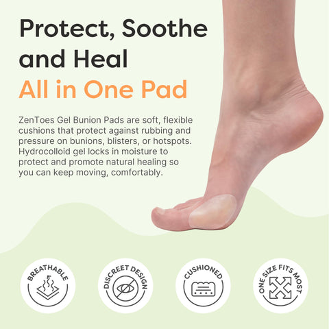 ZenToes Hydrocolloid Bunion Pads - Waterproof Gel Cushions for Bunion Relief, Blister Prevention & Foot Protection - Invisible, 