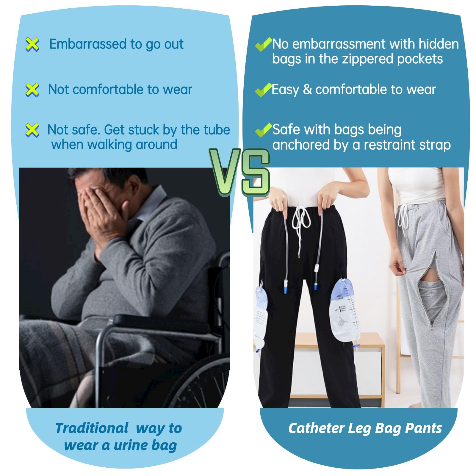 Catheter Pants for Men/Women, Urine Bag Holder with 2 Zippered Side Pockets, Holding 2x2000ml Catheter Bag for Nephrostomy, Fole