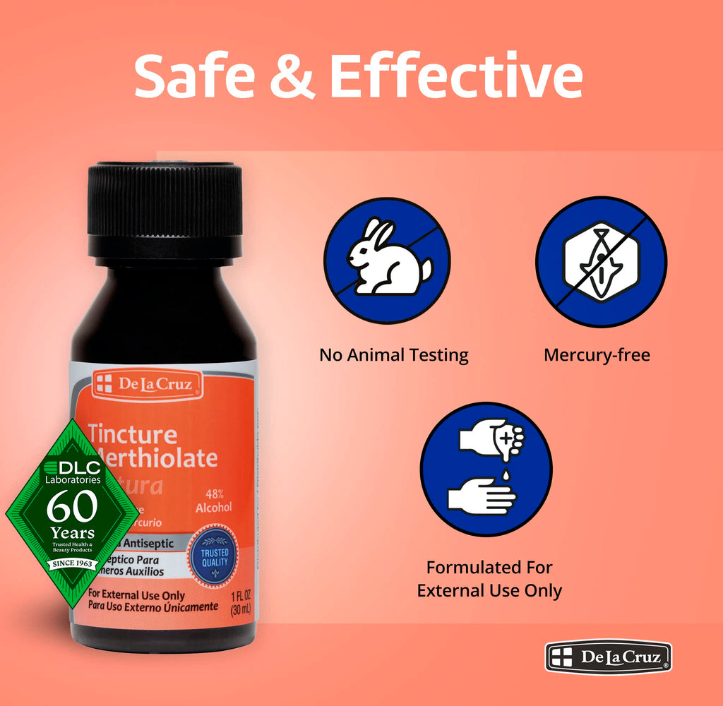 De La Cruz Merthiolate Tincture Antiseptic - First Aid for Minor Cuts, Scrapes and Burns - Mercury-Free Formula Safe for The Ent