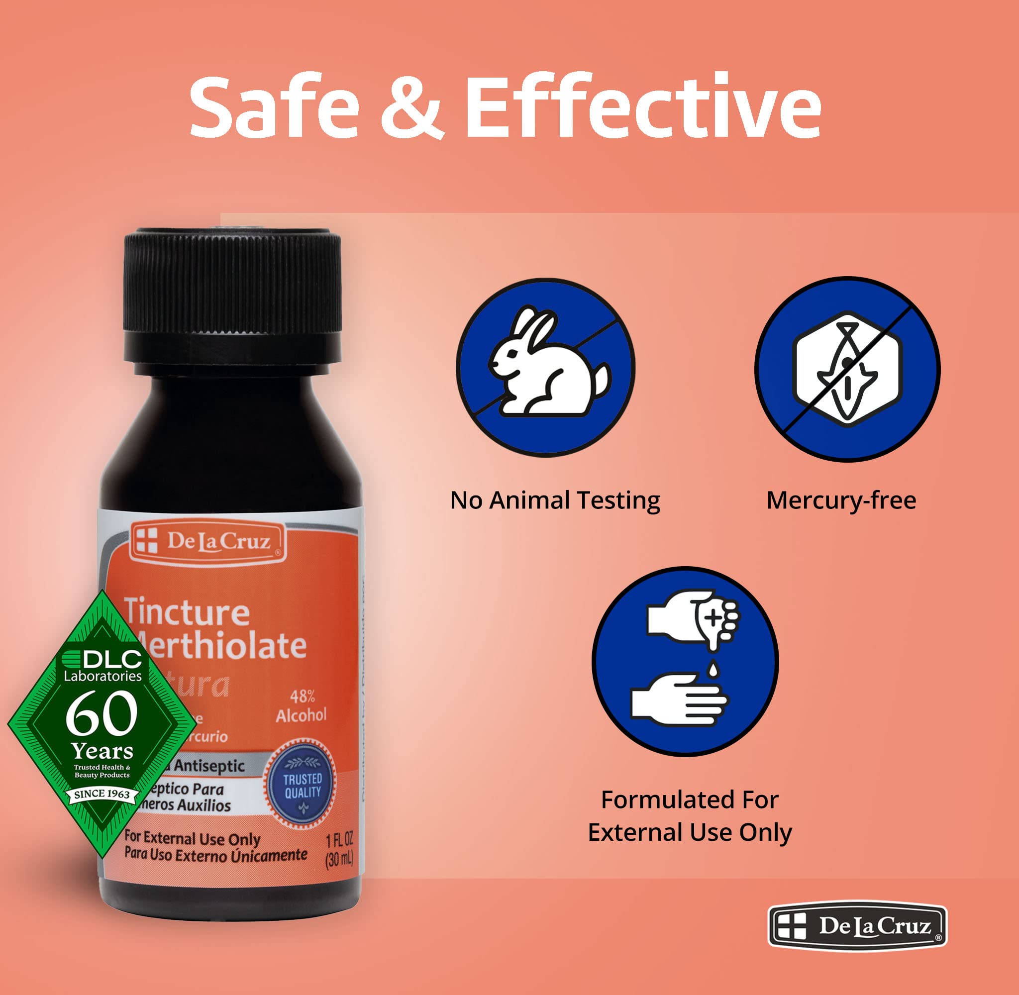 De La Cruz Merthiolate Tincture Antiseptic - First Aid for Minor Cuts, Scrapes and Burns - Mercury-Free Formula Safe for The Ent