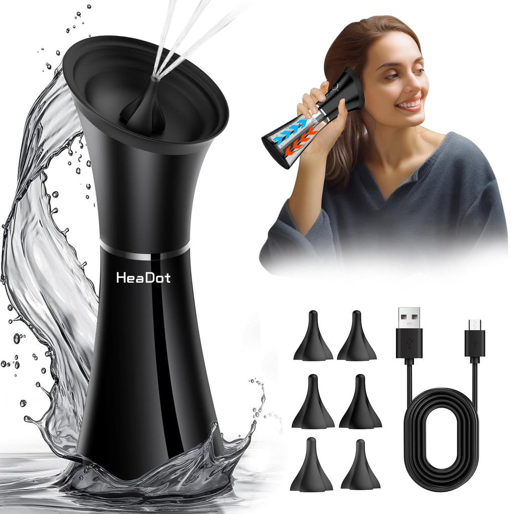 Electric Ear Wax Removal System, Water Powered Ear Cleaning Tool with Irrigation Flusher, 6 Tips, 4 Pressure Settings - Safe & E